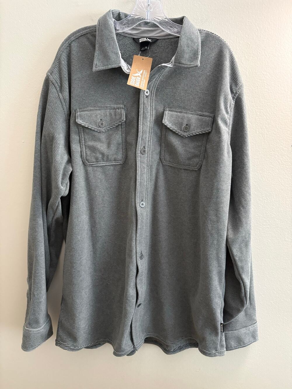 Eddie Bauer Men's TXL Mt Chutes Stripe Microfleece Shacket Gray Button Up NWT